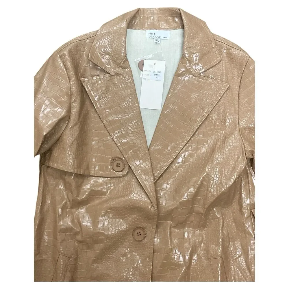 NWT Hot & Delicious Long Trench Coat Faux Leather W Pockets Small Taupe No Belt - Picture 2 of 6